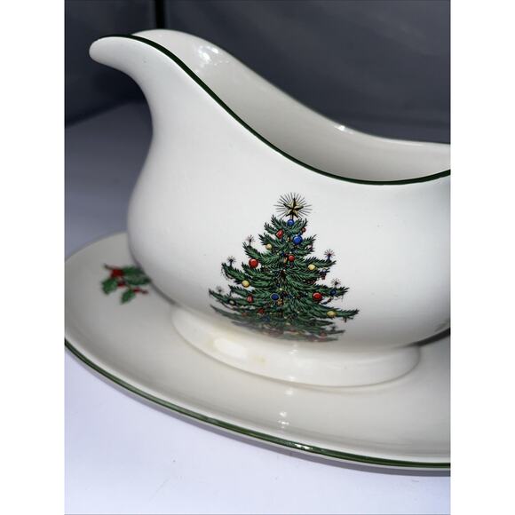 Cuthbertson Original Christmas Tree Wide Green Band Gravy Boat With Plate VNT - Picture 3 of 8